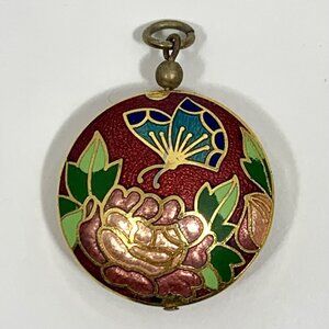 CLOISONNE Double Sided Round Multicolor Floral LOTUS Blue BUTTERFLY Pendant ONLY